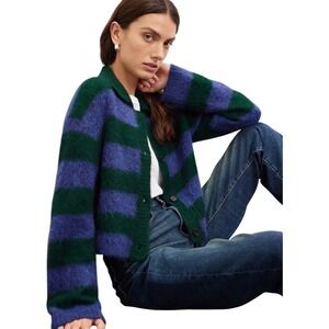 Rails Amber Cardigan Sweater Medium Green/Purple Striped Fuzzy Alpaca Blend